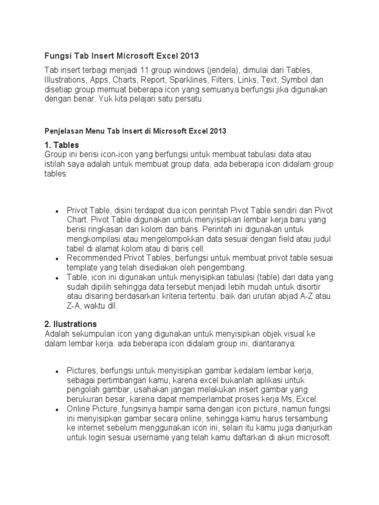 Fungsi Tab Insert Microsoft Excel 2013 | PDF