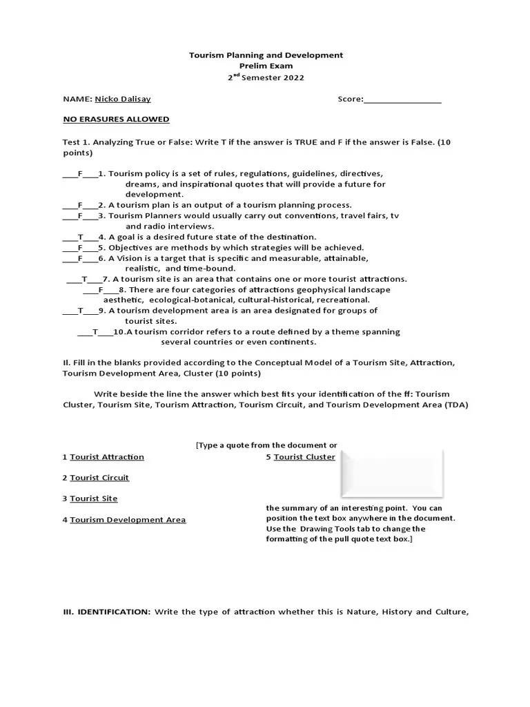 Tourism Development Planning Prelim Exam | PDF | Tourism | Economies