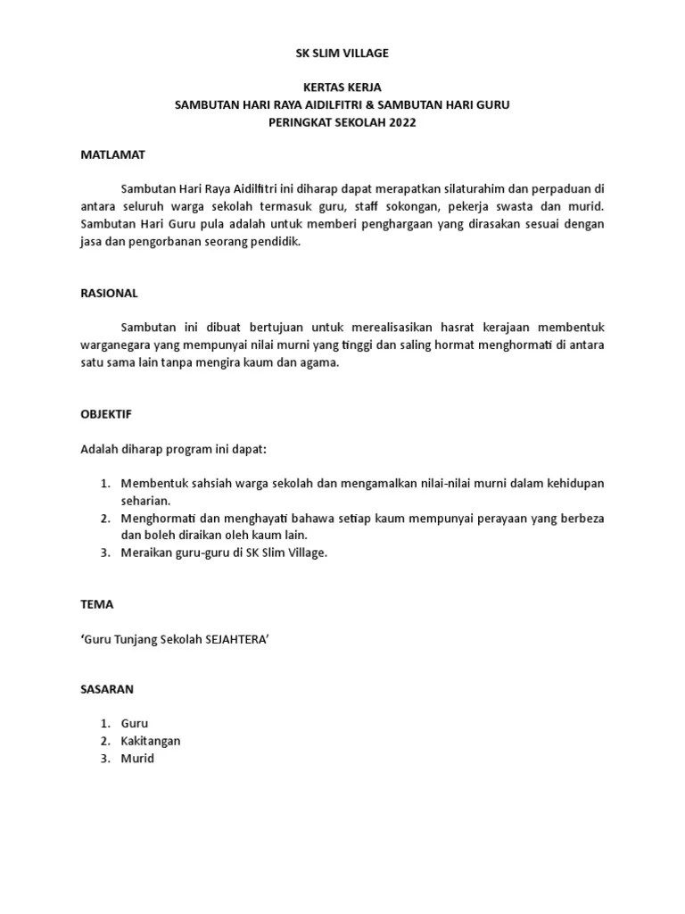 Kertas Kerja Sambutan Hari Guru Raya 2022 | PDF