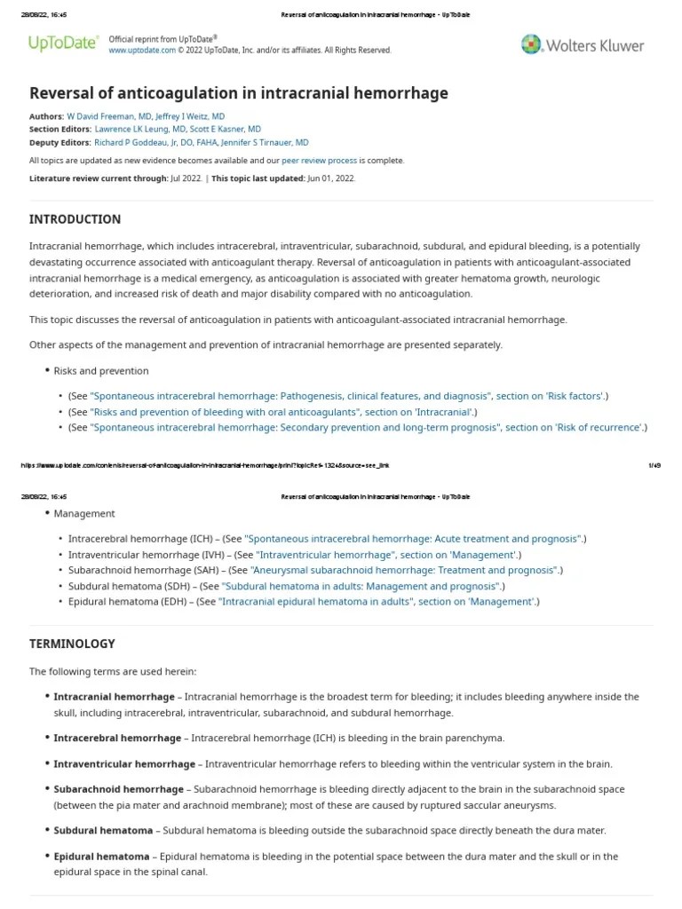 Reversal Of Anticoagulation In Intracranial Hemorrhage - UpToDate | PDF | Stroke | Bleeding