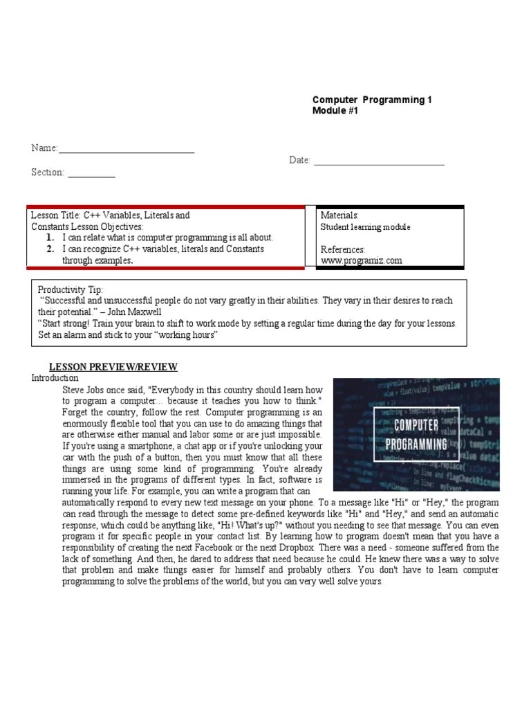 Computer Programming 1 - Module 1 | PDF | Computer Program | Programming