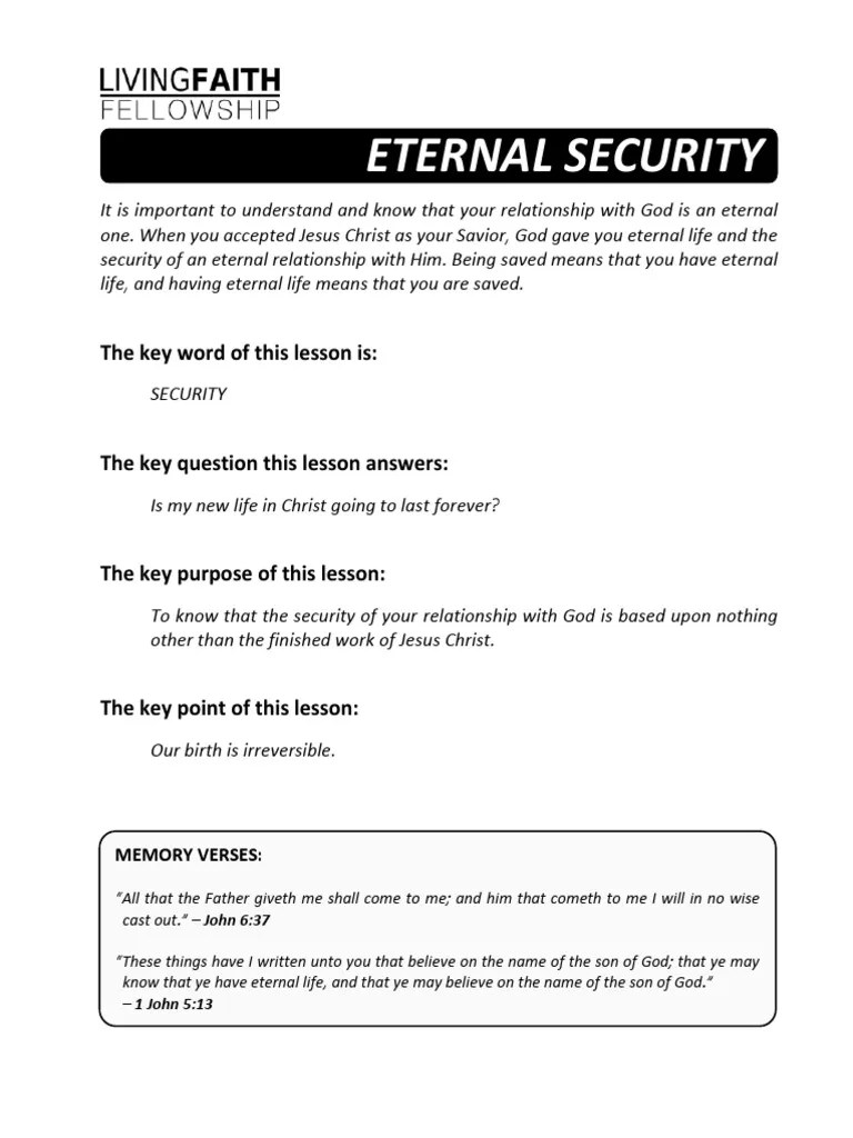 Lesson 2 Eternal Security | PDF | Eternal Life (Christianity) | Perseverance Of The Saints