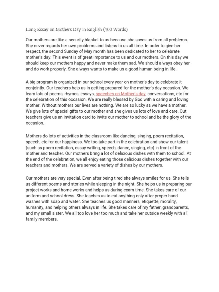 Long Essay On Mothers Day In English | PDF