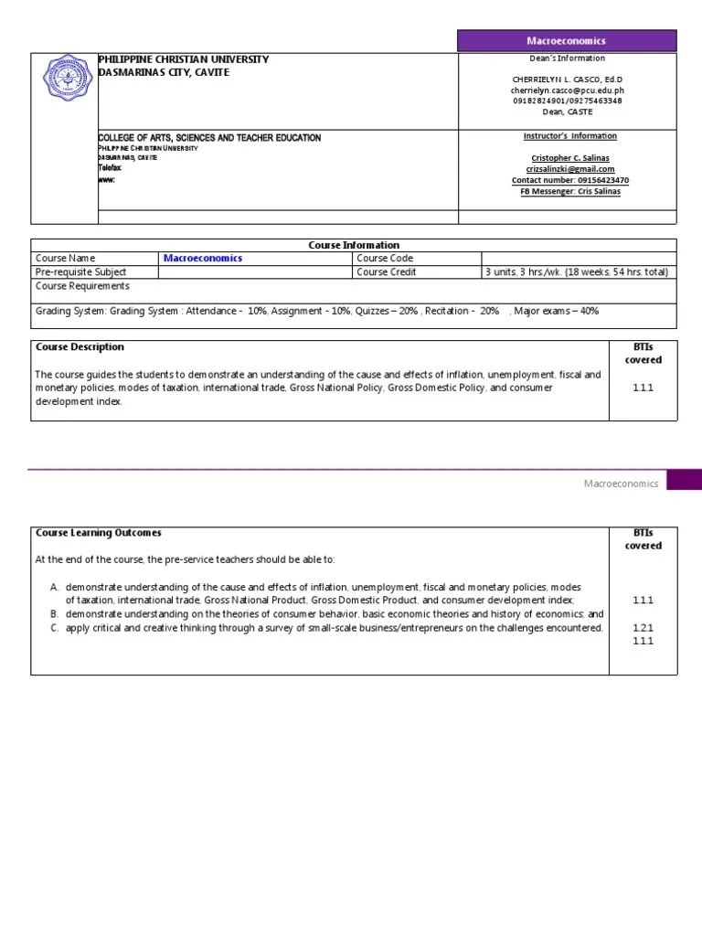 Macroeconomics Syllabus - Pcu | PDF | Supply And Demand | Labour Economics