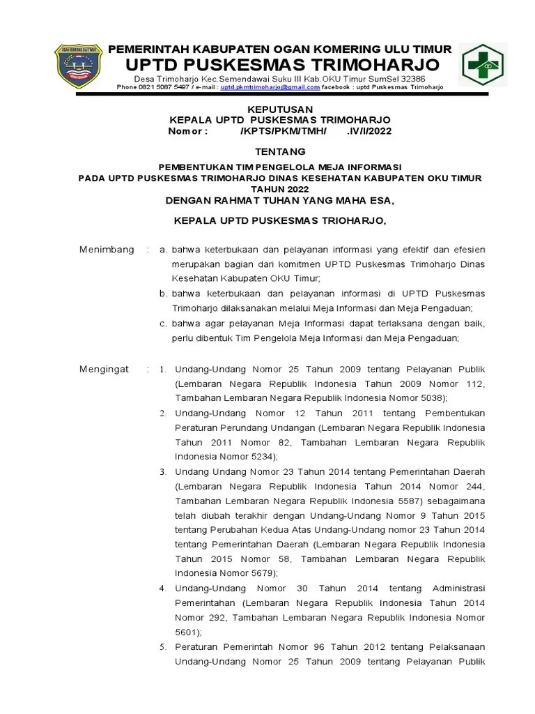 SK Pembentukan TIM Pengelola Meja Informasi | PDF