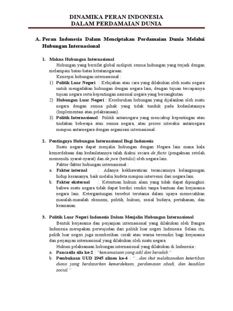 Peran Indonesia Dalam Menciptakan Perdamaian Dunia Melalui Hubungan Internasional | PDF
