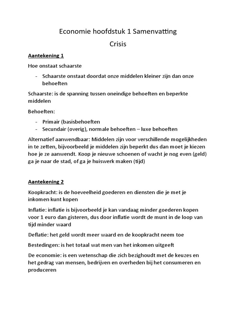 Economie Hoofdstuk 1 Samenvatting | PDF