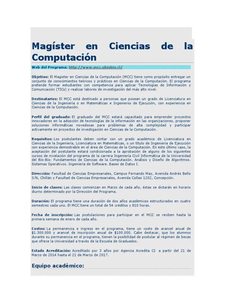 Magíster En Ciencias De La Computación UBB | PDF | Ciencias De La Computación | Programa De ...