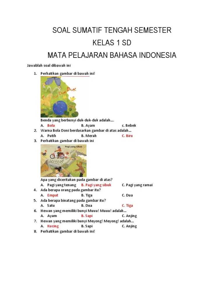 SOAL SUMATIF TENGAH SEMESTER 1 Kelas 1 Bahasa Indo | PDF