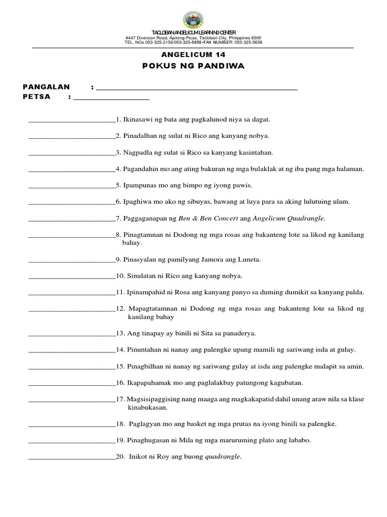Pokus ng pandiwa worksheet