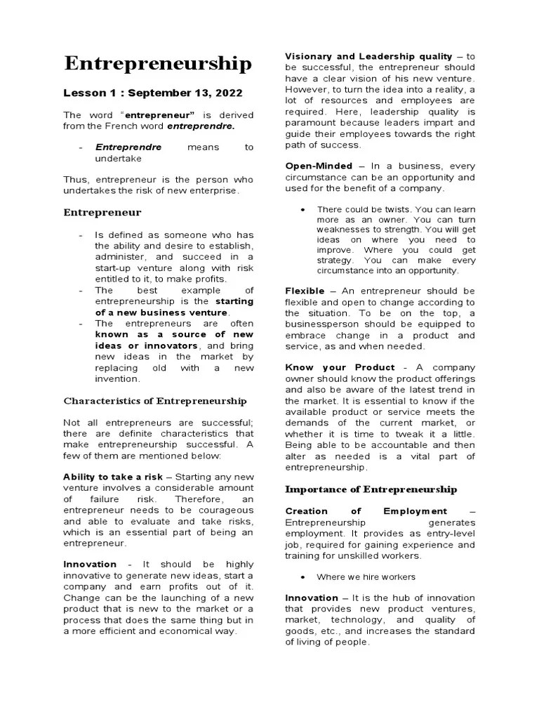 Entrepreneurship Lesson 1 | PDF | Entrepreneurship | Innovation