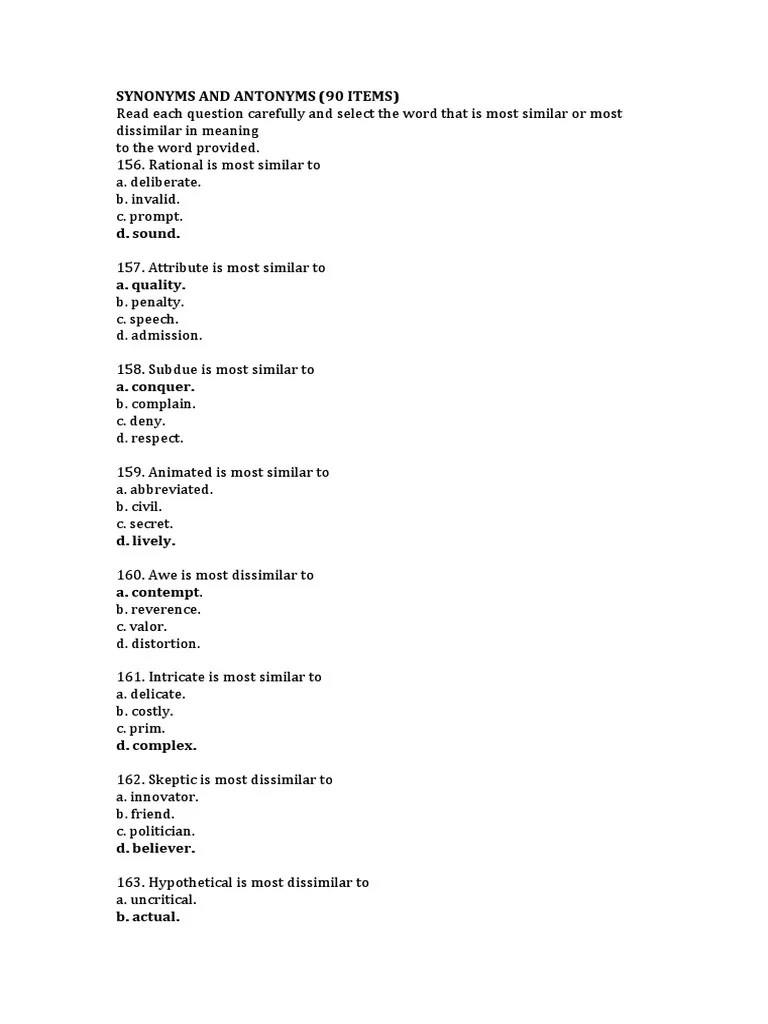 Synonyms And Antonyms Practice Test With Over 200 Multiple Choice ...