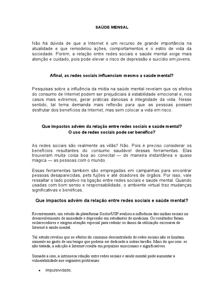 Redes Sociais E A Saúde Mental | PDF | Saúde Mental | Depressão