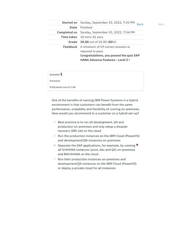 SAP HANA Advance Features - Level 2 Quiz - Attempt Review | PDF | Computer Data Storage | Cloud ...