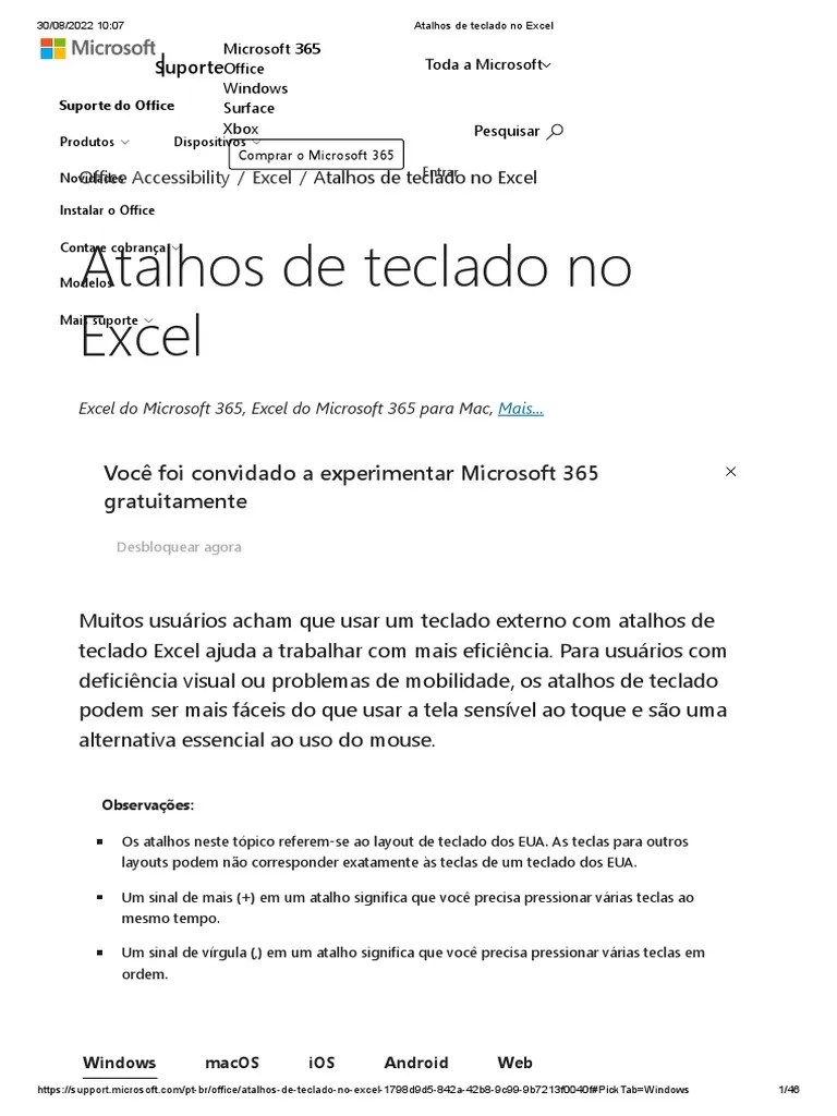 Atalhos De Teclado No Excel - Site Microsoft | PDF | Microsoft Excel ...