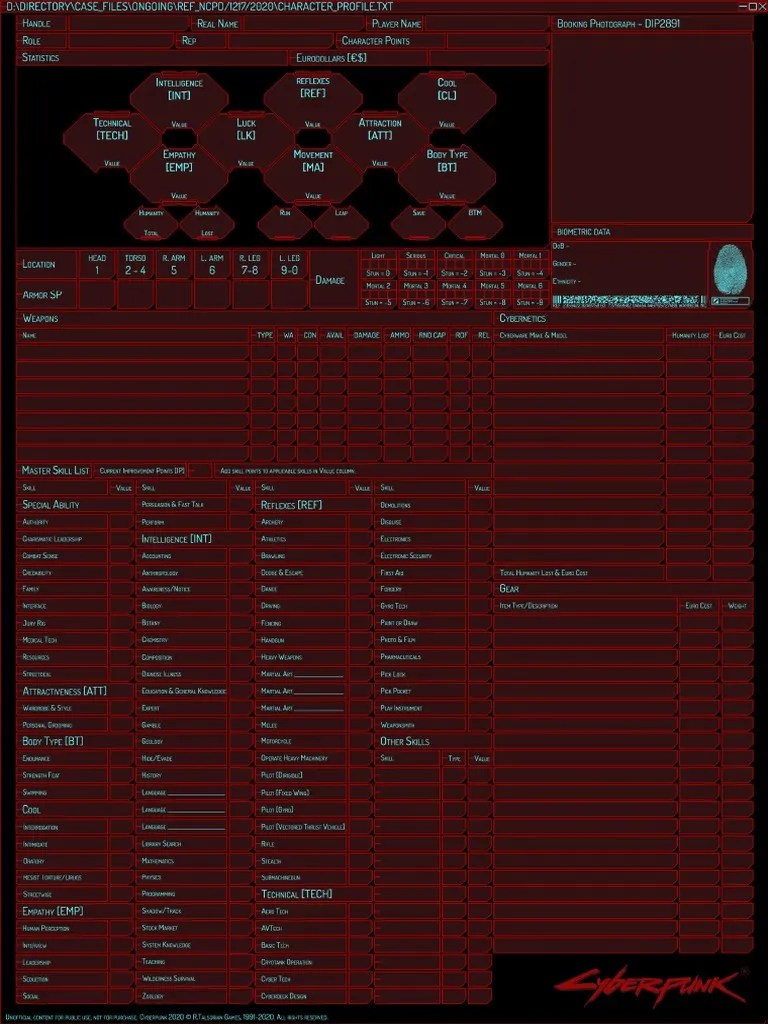 Cyberpunk 2020 Character Sheet Coloured | PDF