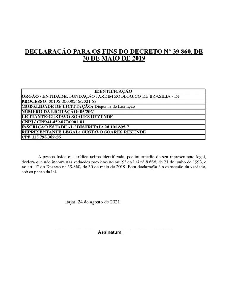 Declaração Para Fins Do Decreto N 39.860 2019 | PDF
