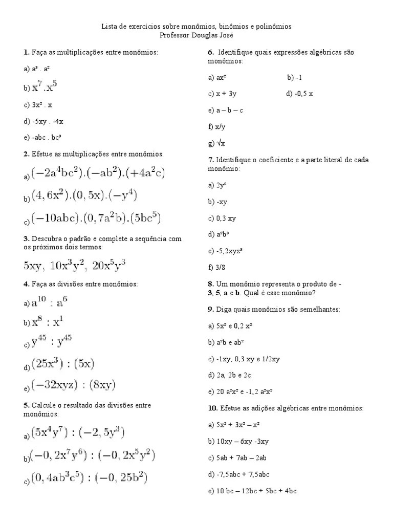 Exercícios Sobre Monômio, Binômio E Polinômio | PDF | Álgebra Abstrata ...