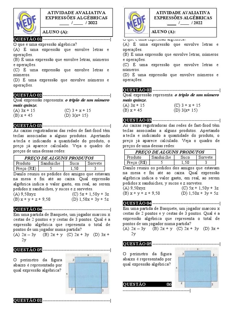 Expressões Algébricas: Avaliação Com 10 Questões Sobre Conceitos E Aplicações | PDF