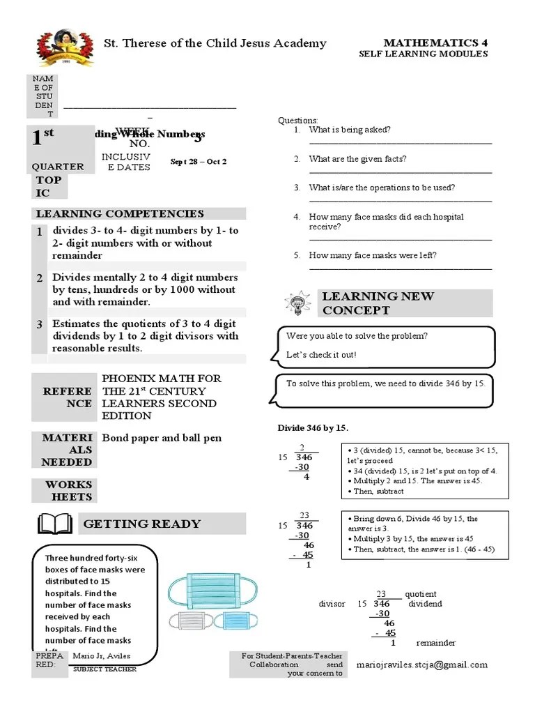 Module 2, Dividing 3 To 4 Digit By 1 To 2 Digit | PDF | Division (Mathematics) | Elementary ...