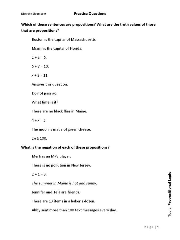 Q1 - Practice Questions (Propositional Logic) | PDF | Discrete ...