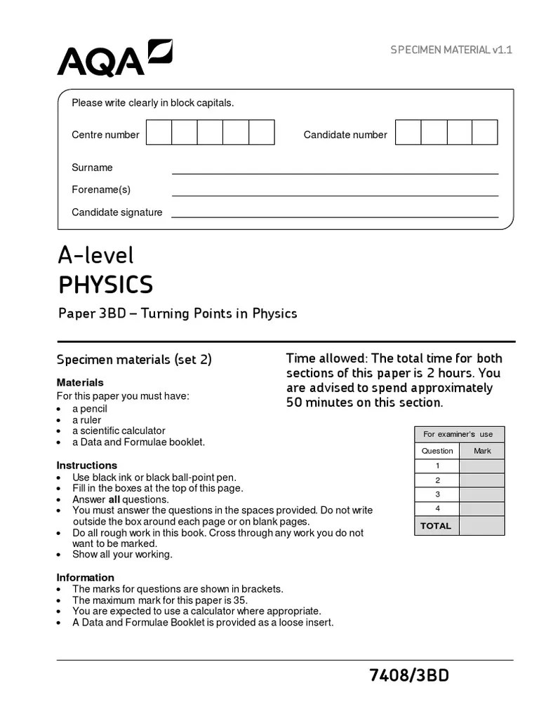 7408 3bd Specimen Question Paper Set 2 Paper 3bd Turning Points V1.1 | PDF | Electron ...