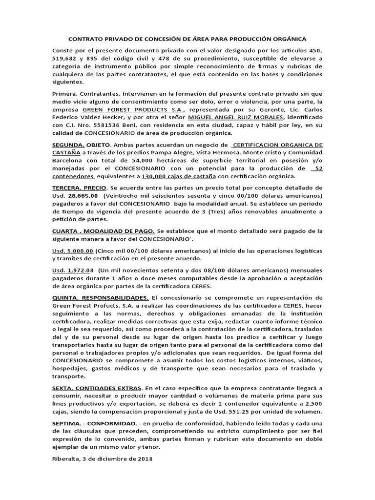 Contrato Privado De Concesión De Área Para Producción Organica | PDF