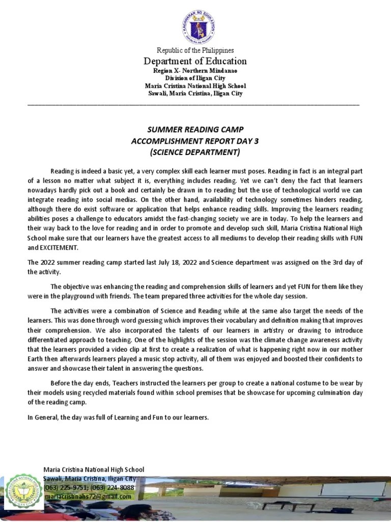 Accomplishment Report Summer Reading Camp 2022 | PDF | Learning | Cognitive Psychology