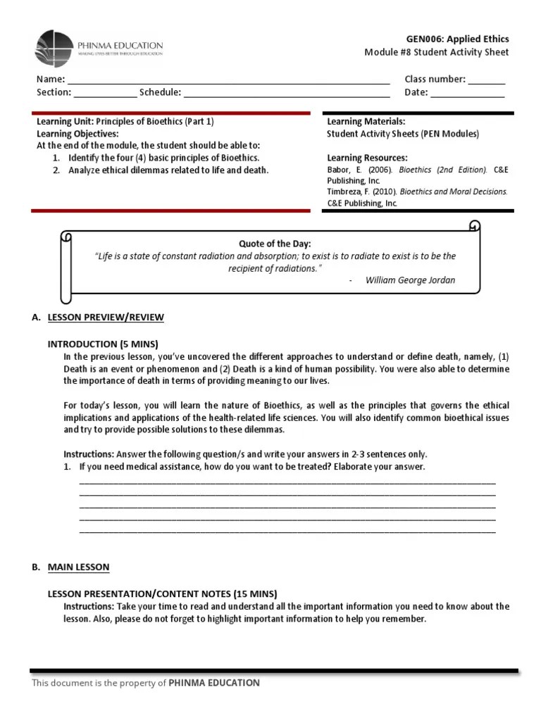 Sas8 Principles Of Bioethics Part 1 | PDF | Bioethics | Applied Ethics