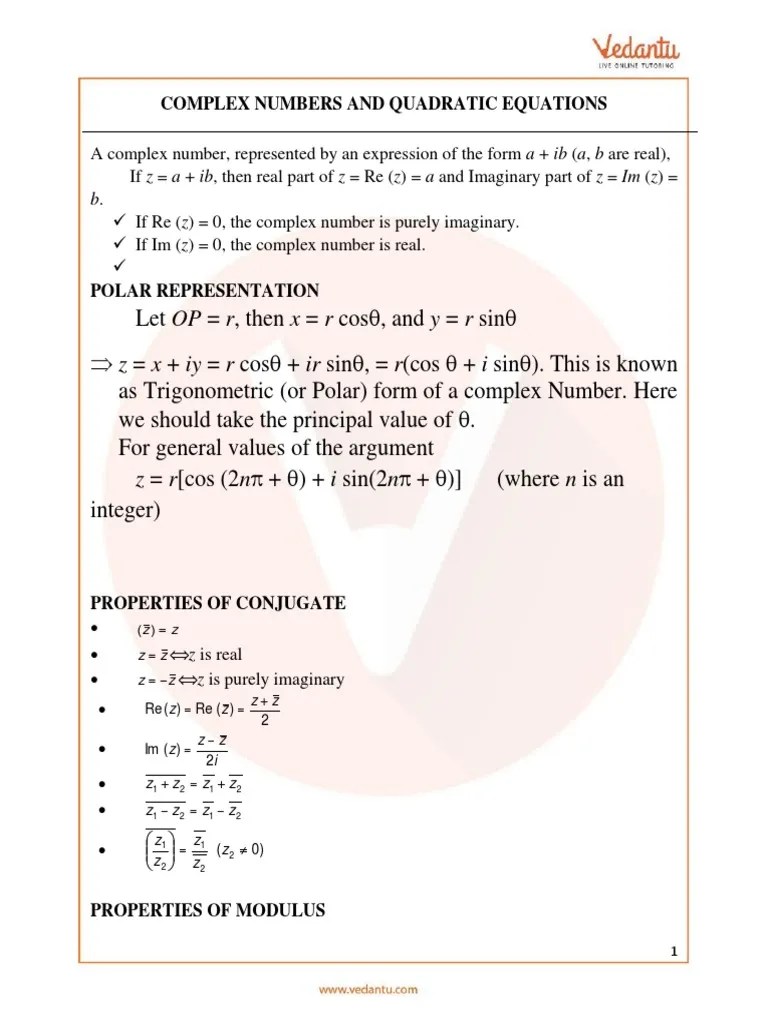 JEE Main 2022 Maths Revision Notes On Complex Numbers And Quadratic ...