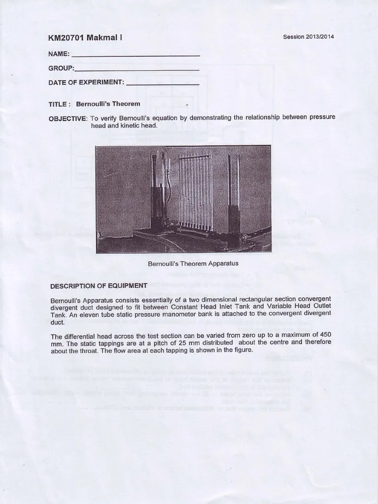 Fluid Lab 1 - Bernoullis Theorem | PDF | Dynamics (Mechanics) | Gas Technologies