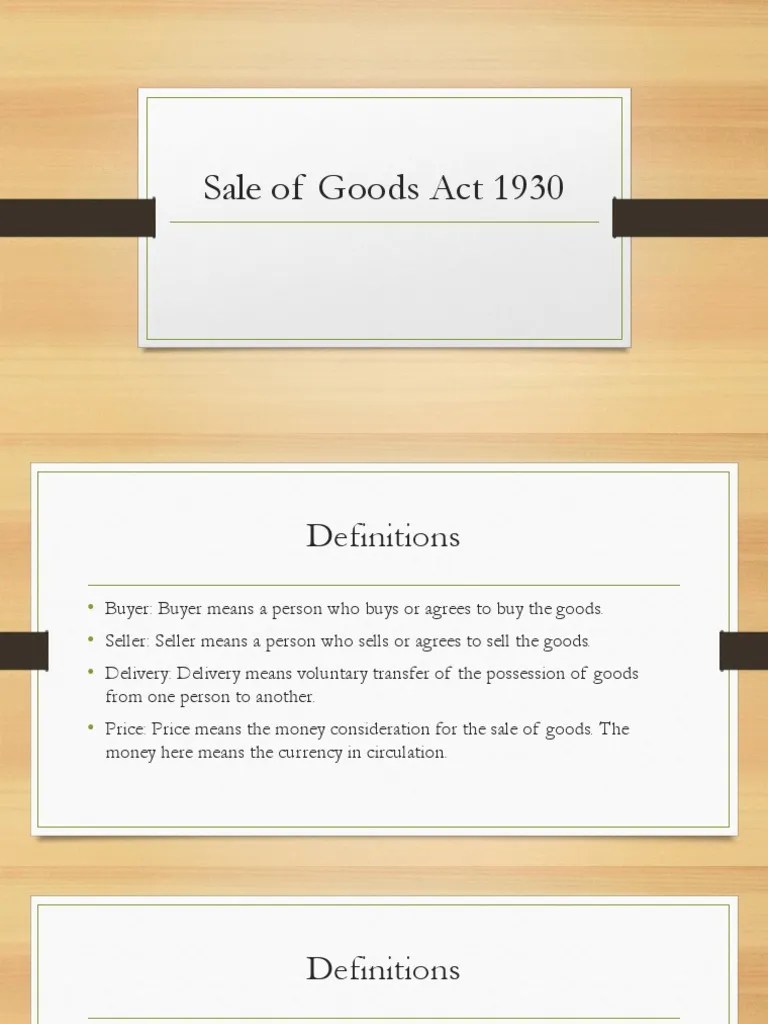 Sale Of Goods Act 1930 | PDF | Sales | Money