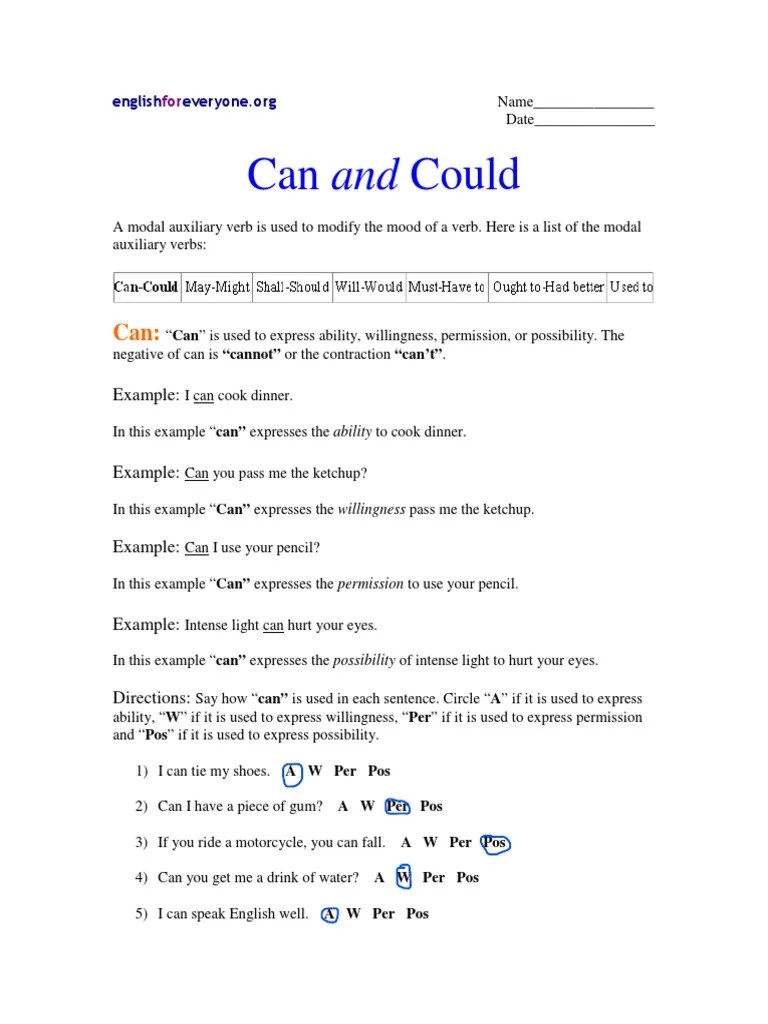 Modal Auxiliary Verbs - Can And Could | PDF | Verb | Grammar