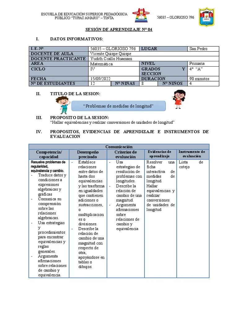 Sesion De Aprendizaje - Matematica - 15 | PDF | Evaluación | Educación Primaria