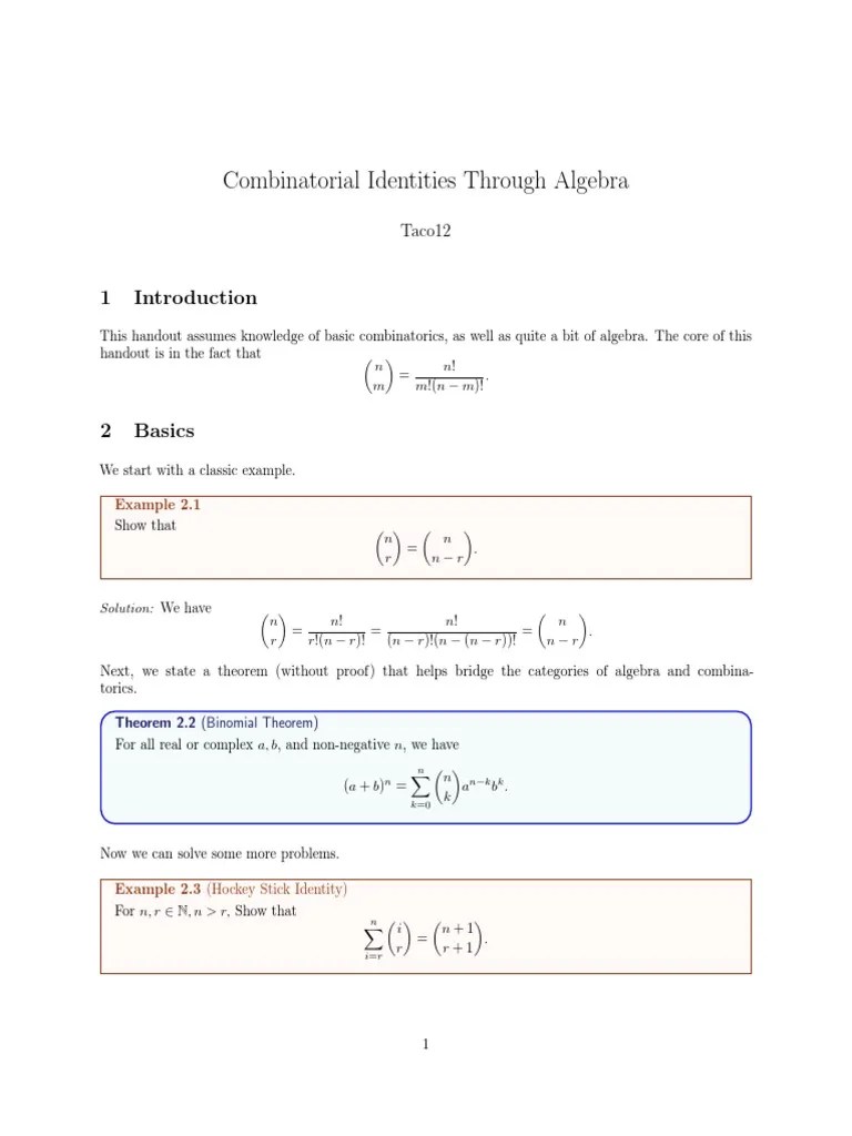Combinatorial Identities Through Algebra Handout | PDF | Combinatorics ...