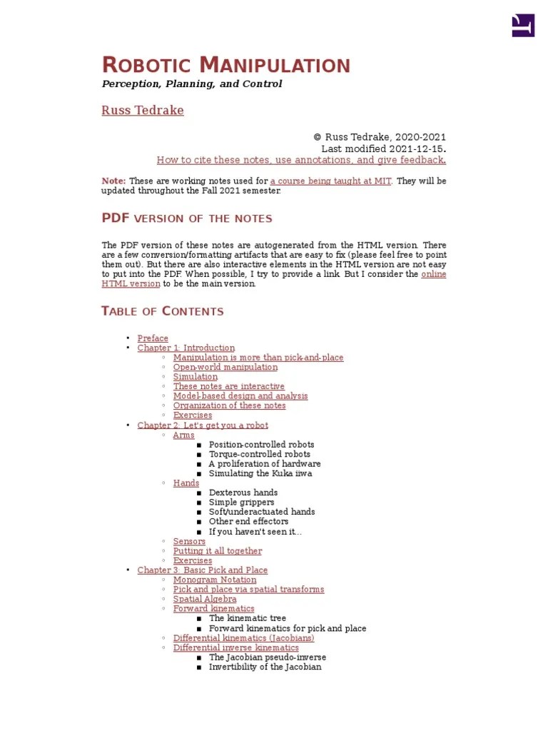 Robotic Manipulation Notes | PDF