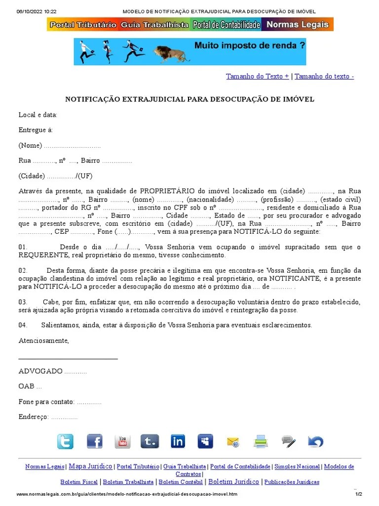 Modelo De Notificação Extrajudicial Para Desocupação De Imóvel | PDF