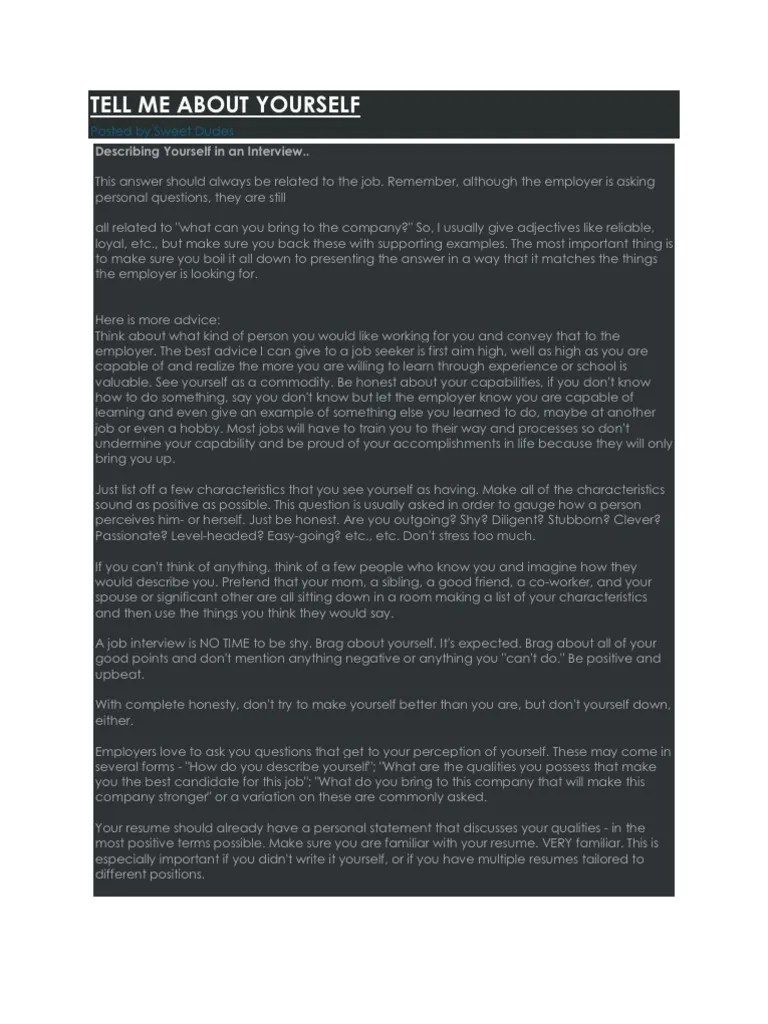 Tell Me About Yourself | PDF | Job Interview | Motivation