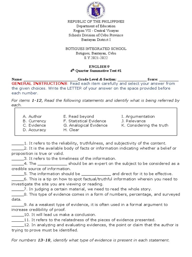 Botigues Integrated School - English 9 4th Quarter Summative Test #1 | PDF | Evidence | Argument
