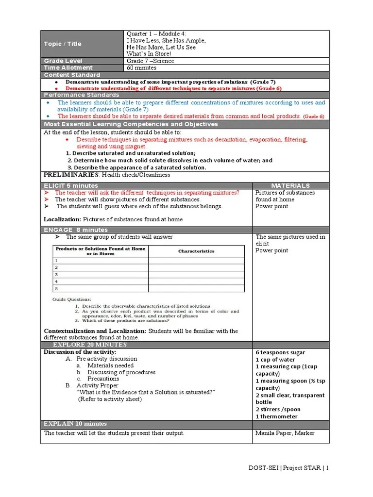 Quarter 1 Module 4 Lesson Plan With Intervention | PDF | Mixture ...