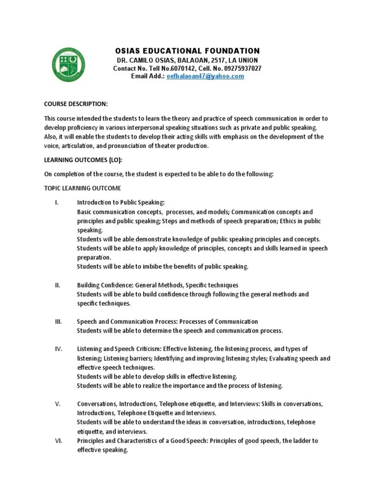 Speech And Theater Arts Syllabus | PDF | Communication | Public Speaking