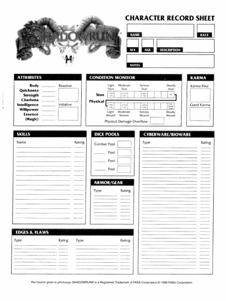 Shadowrun 1st Edition Character Sheet Form Fillable Pdf - Printable ...