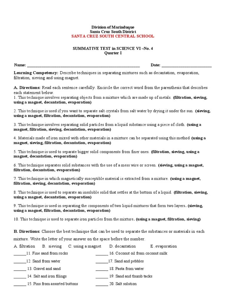 Summative Test In Science 6 No.4 | PDF | Filtration | Mixture