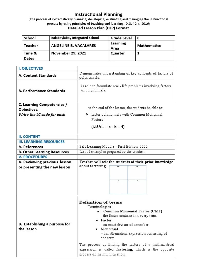 Lesson Plan In Mathematics 8 | PDF | Factorization | Lesson Plan