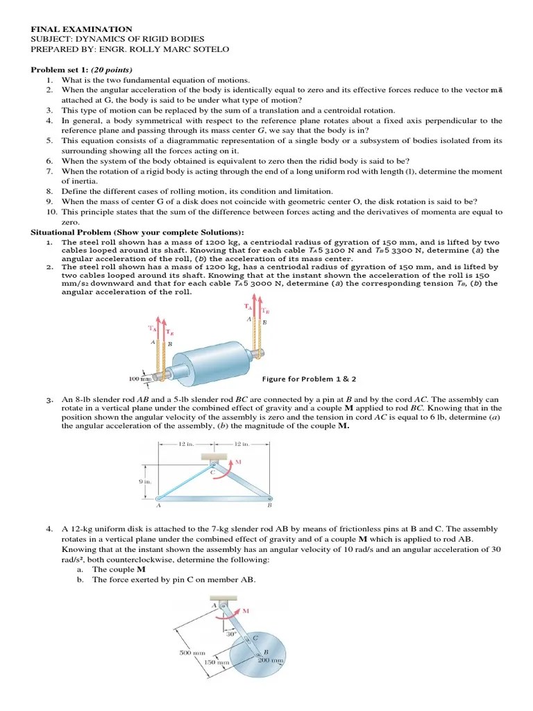 FINAL EXAMINATION In Dynamics Of Rigid Bodies | PDF | Theoretical ...