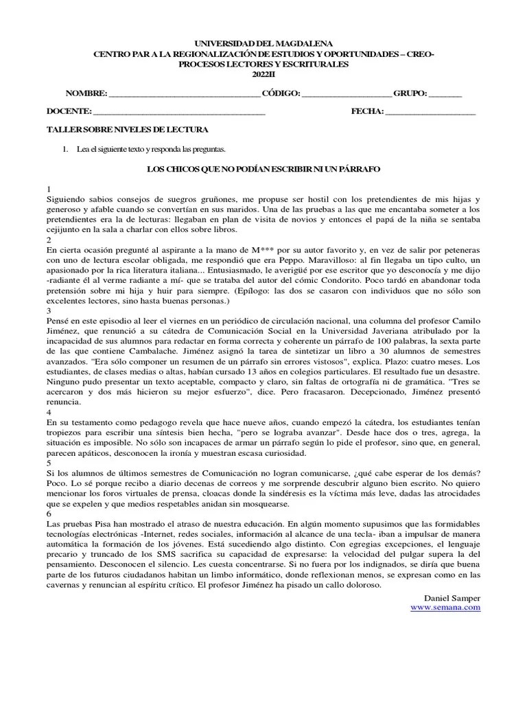 Taller 4 - Niveles De Lectura (3) NUEVO PDF | PDF | Maestros | Autor