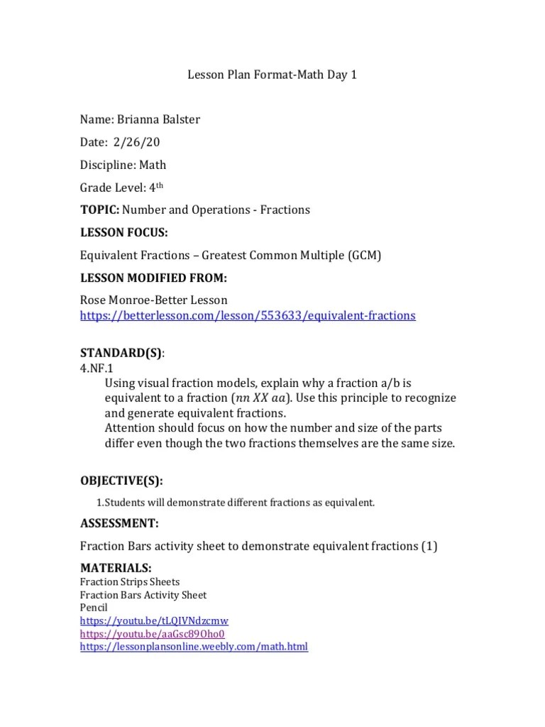 Equivalent Fractions Three Lesson Plans Grade 4 | PDF | Cognitive ...