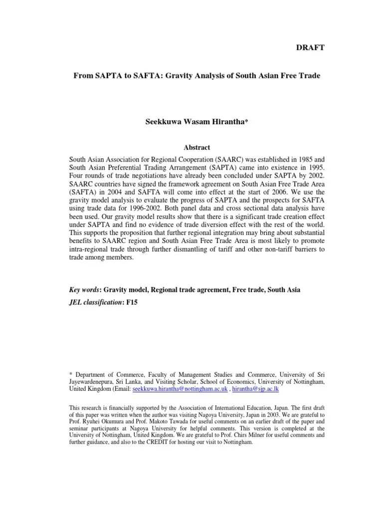 Saarc-Sapta To Safta | PDF | International Trade | International Business