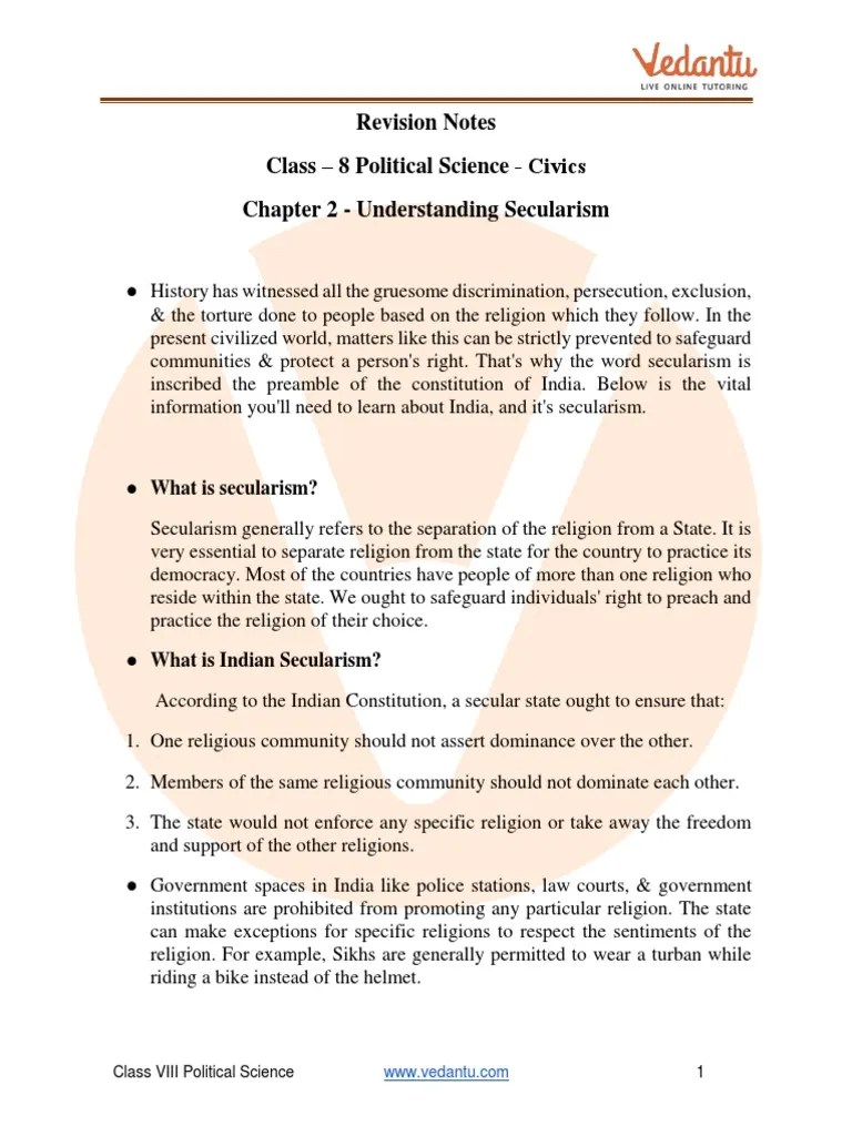 CBSE Class 8 Political Science (Civics) Chapter 2 Notes - Understanding Secularism | PDF ...
