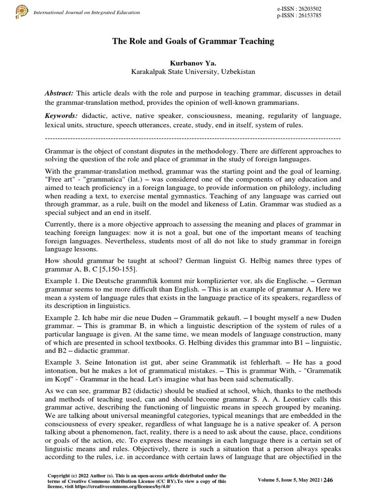 The Role And Goals Of Grammar Teaching | PDF | Grammar | Linguistics